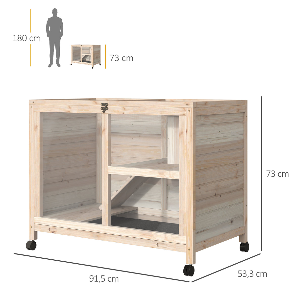 Cage à lapin clapier sur roulettes petit enclos animaux en bois massif 2 étages toit ouvrant plates-formes 91,5 x 53,3 x 73 cm bois naturel-2