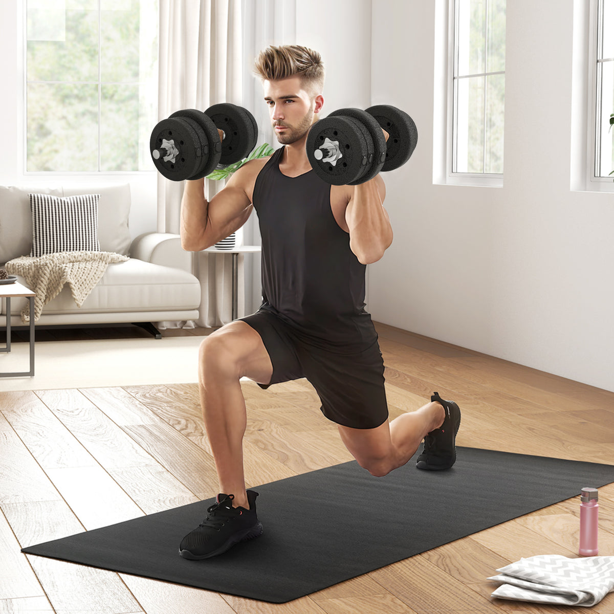 Ensemble d'haltères courtes total 25 kg dumbbell paires poids réglable - barres incluses acier polyuréthane noir-1