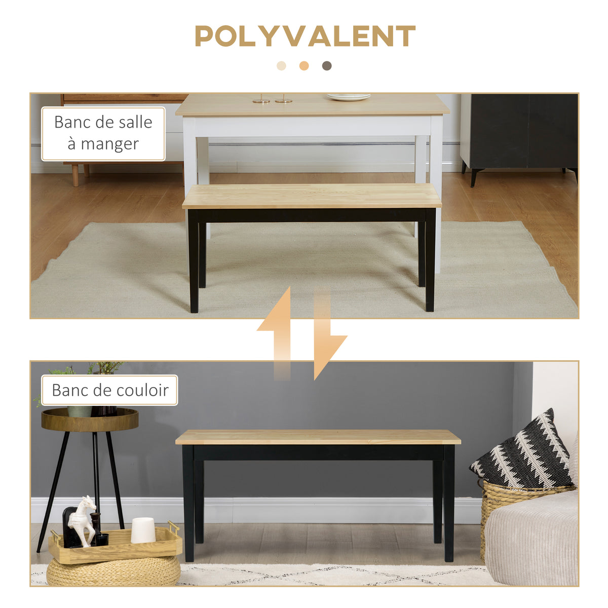 Banc en bois pour 2 personnes bicolore assise naturelle et piètement noir 102 x 36 x 45 cm-5