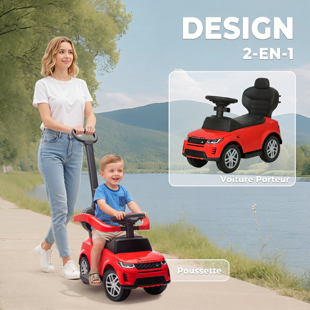 Porteur enfants Land Rover Discovery sous licence, porteur voiture à pousser avec poignée amovible, 84x40x94,5cm, rouge-3