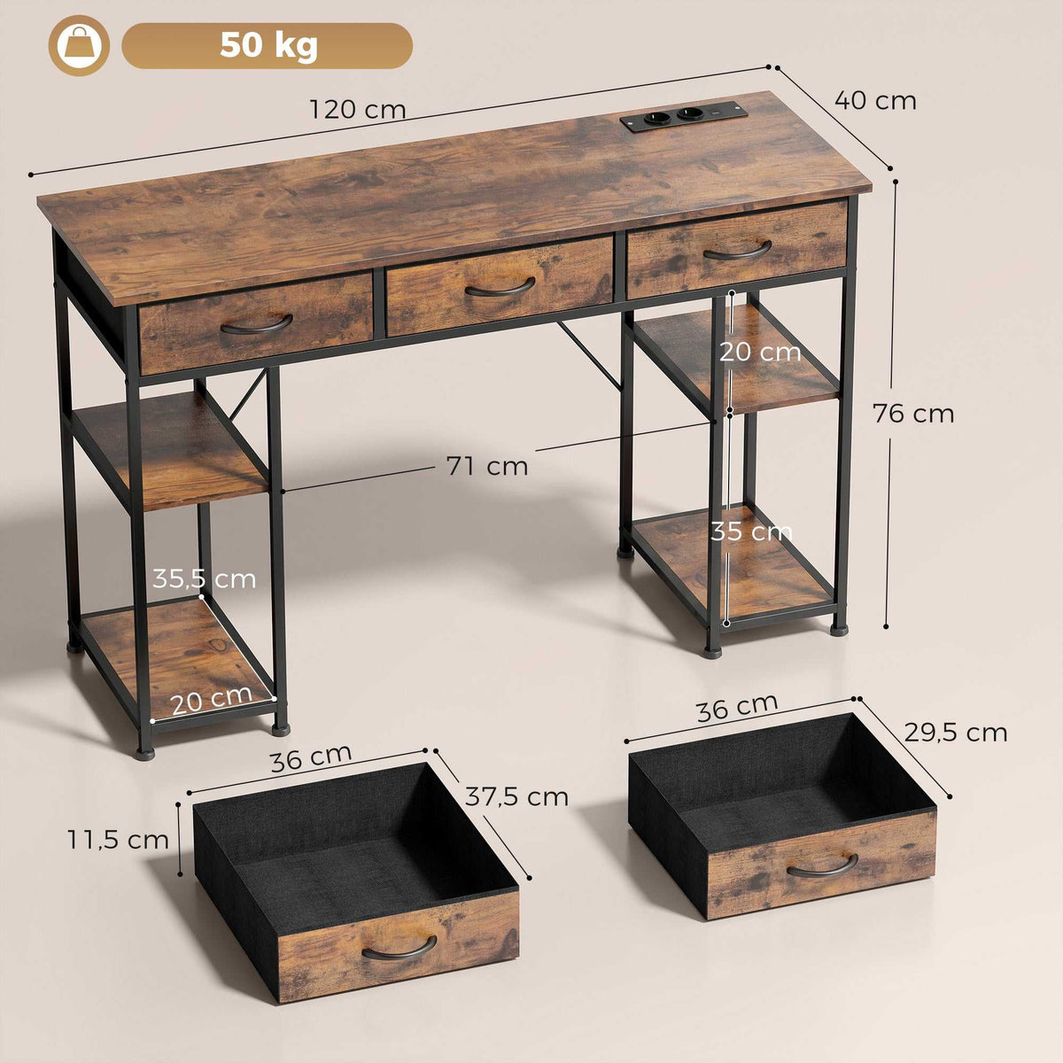 Bureau avec rangement avec prises de courant, 3 tiroirs en tissu et 4 étagères de rangement, 120 x 40 x 76 cm, marron-2