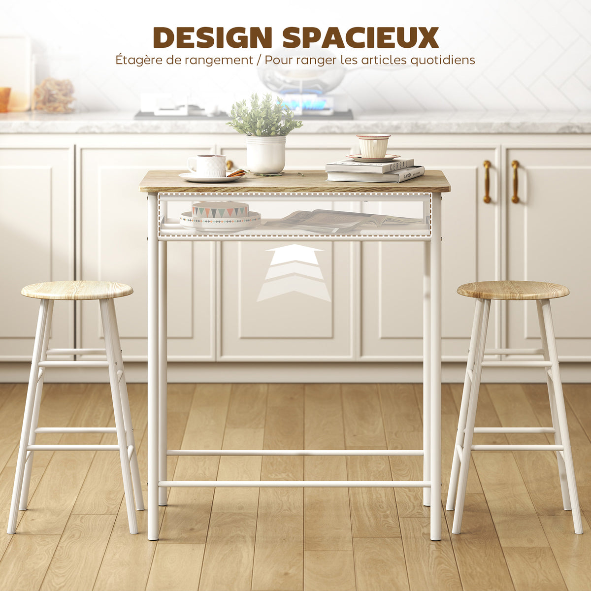 Ensemble table de bar avec tabourets, table à manger debout avec 2 chaises, étagère et pieds en métal, 80x50x90cm, blanc-4