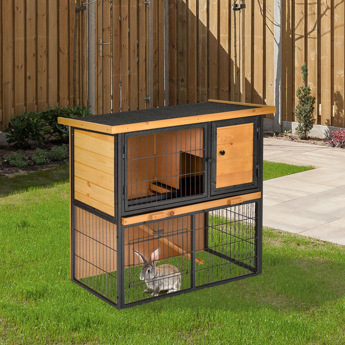 Clapier à lapin cage à lapin 2 niveaux 3 portes verrouillables rampe toit ouvrant bitûmé métal époxy pin pré-huilé-1