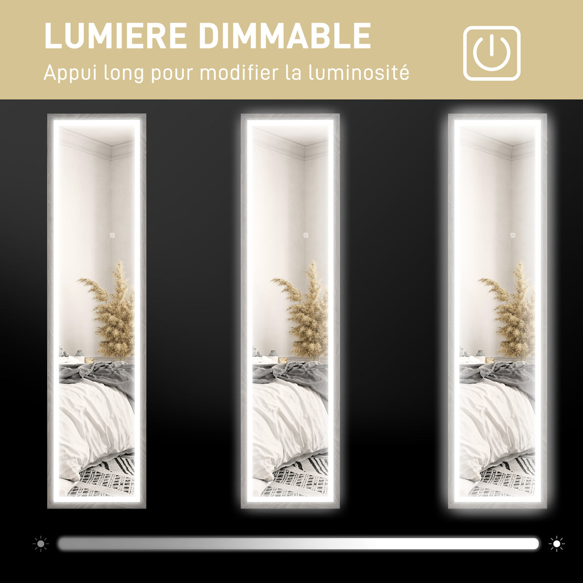 Grand miroir pleine longueur, miroir mural ou sur pied rectangulaire, 40 x 160 cm avec éclairage LED 3 couleurs, gris-4