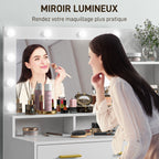Coiffeuse avec miroir et 9 lumières LED, 4 tiroirs et 6 compartiments ouverts, 100 x 40 x 138 cm, blanc-4