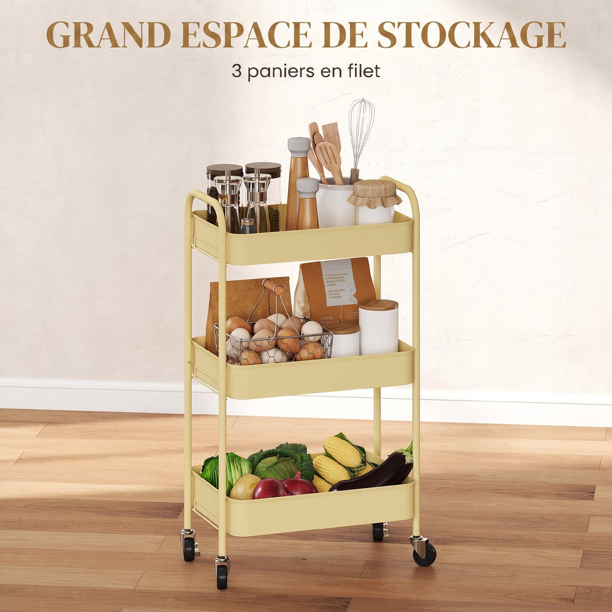 Desserte, Chariot de Rangement en Acier, Chariot de Service à Roulettes, 3 Plateaux Ajourés, 45 x 30,6 x 79 cm, Jaune-3