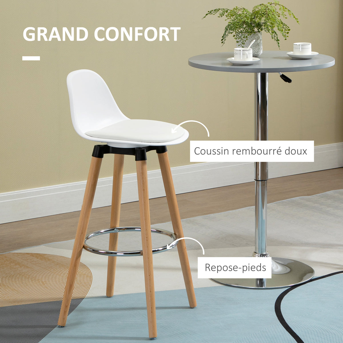 Lot de 4 tabourets de bar style scandinave hauteur 70 cm avec pieds en bois et repose-pieds en acier - blanc-4