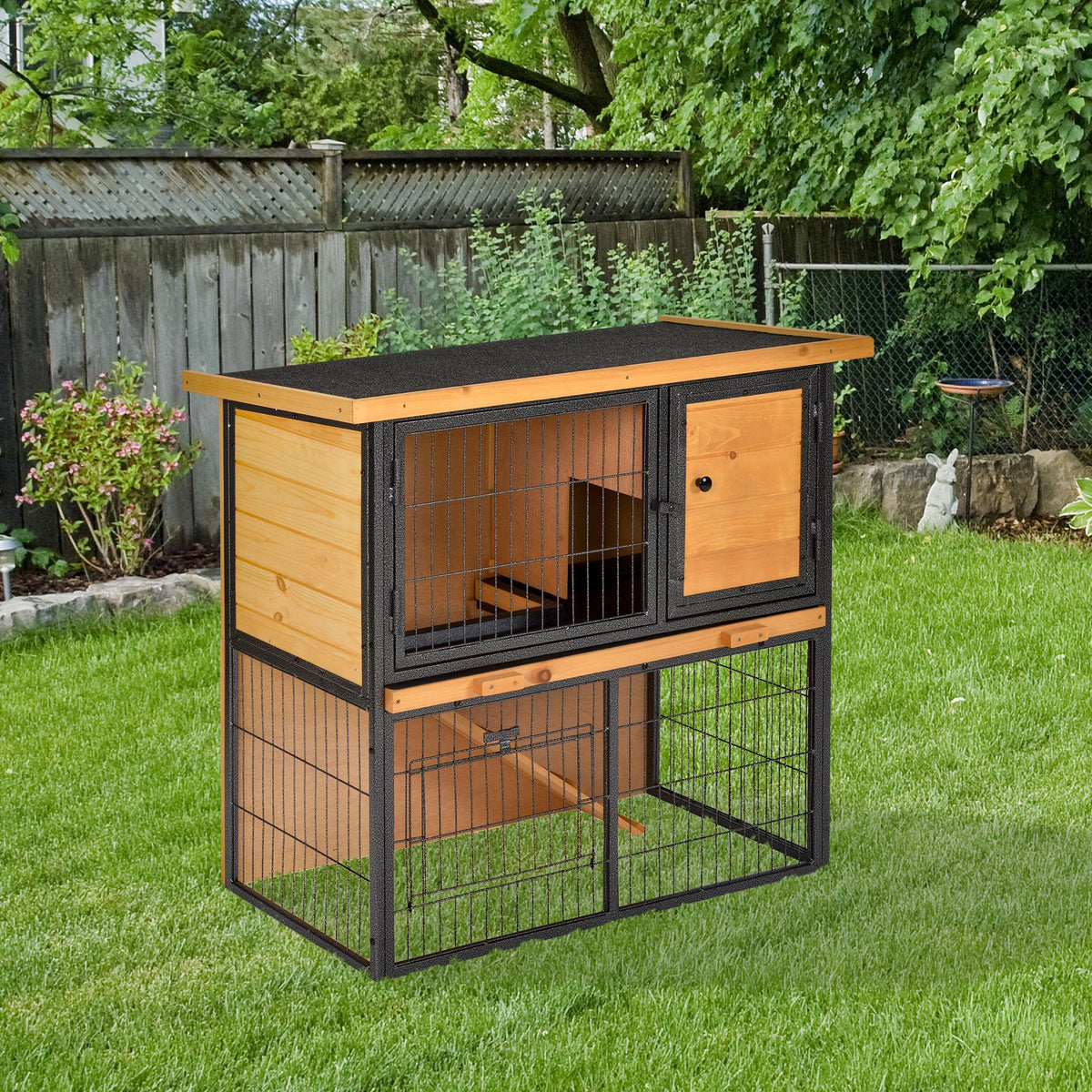 Clapier à lapin cage à lapin 2 niveaux 3 portes verrouillables rampe toit ouvrant bitûmé métal époxy pin pré-huilé-9