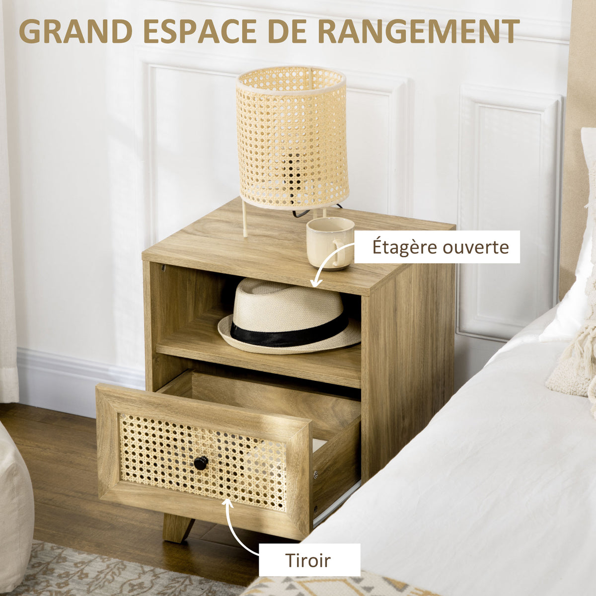 Lot de 2 tables de chevet table de nuit avec tiroir porte cannage et niche vintage 45 x 39 x 56,5 cm-4