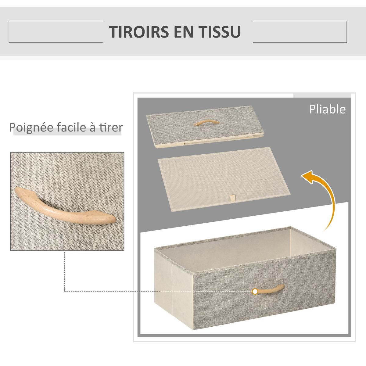 Commode meuble de rangement avec 3 tiroirs tissus, étagère et plateau supérieur, 58L x 29P x 81,5H cm-4