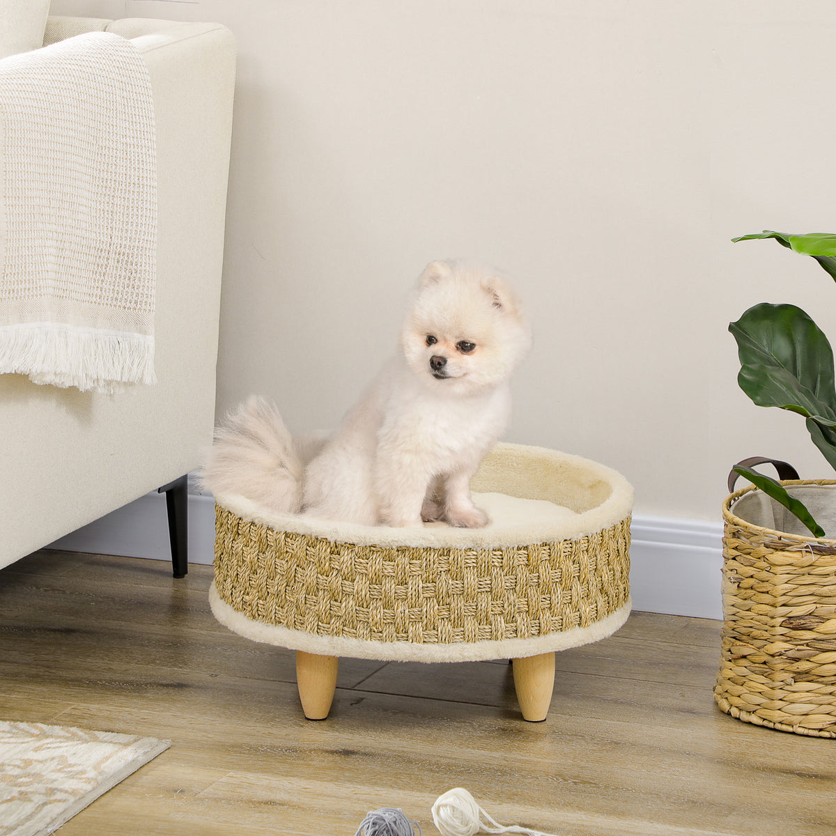 Panier rond chien sur pieds style cosy chic grand confort coussin moelleux intégré Ø 48 x 24,5H cm beige-1