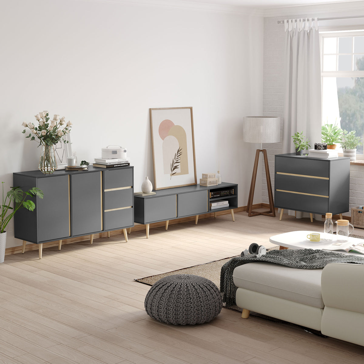Meuble TV pour télévision jusqu'à 55 pouces scandinave 2 portes 2 niches avec passe-câbles 150 x 35 x 45 cm gris foncé-1