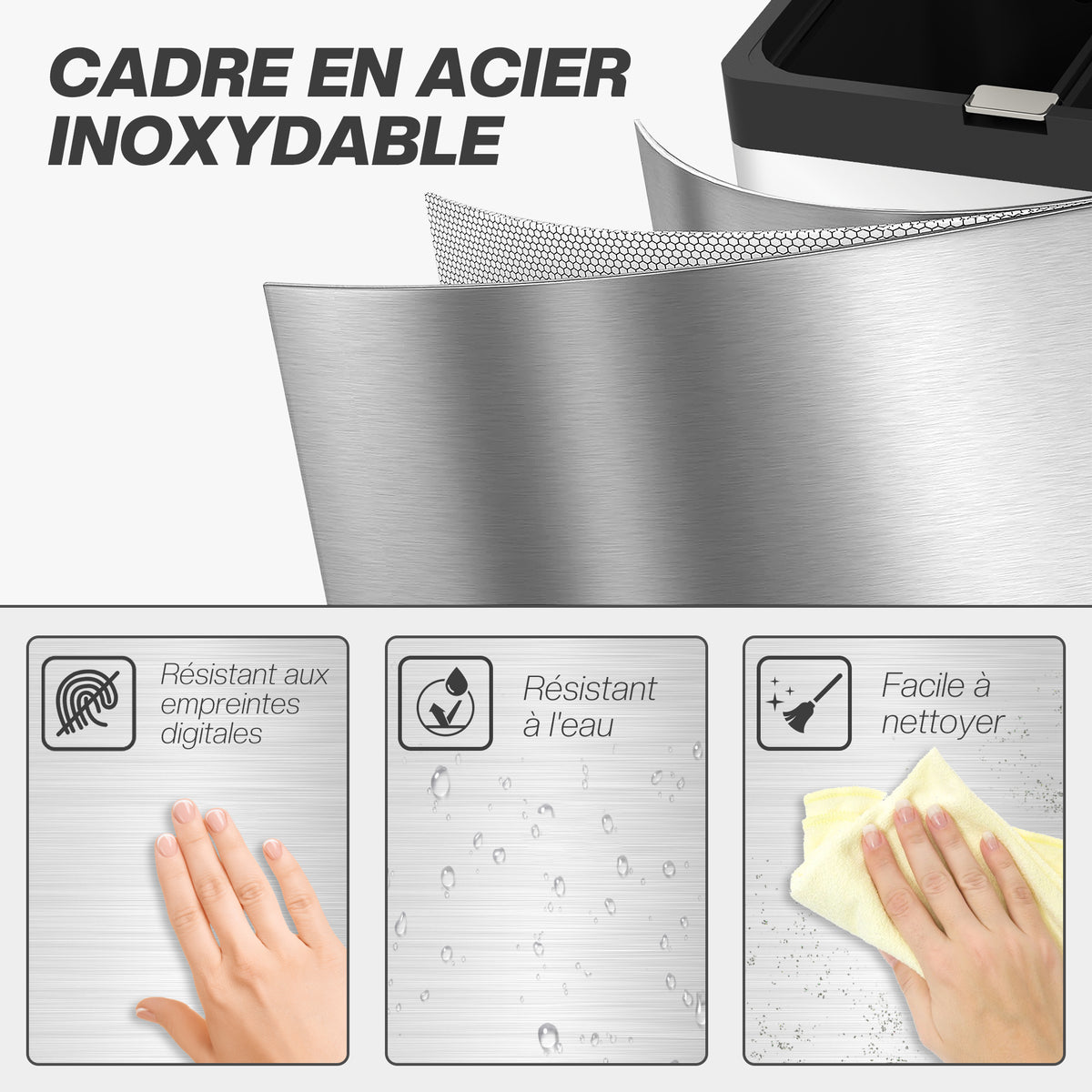 Poubelle rectangulaire à pédale poubelle cuisine 3 compartiments fermeture douce acier inox 45,7 x 35,8 x 76 cm argent-8