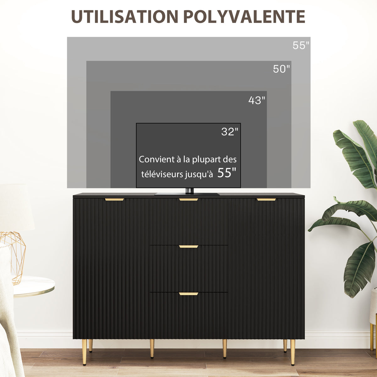 Buffet meuble cuisine rangement avec 3 tiroirs, étagères réglables, placards à portes cannelées, 120 x 40 x 90 cm, noir-5