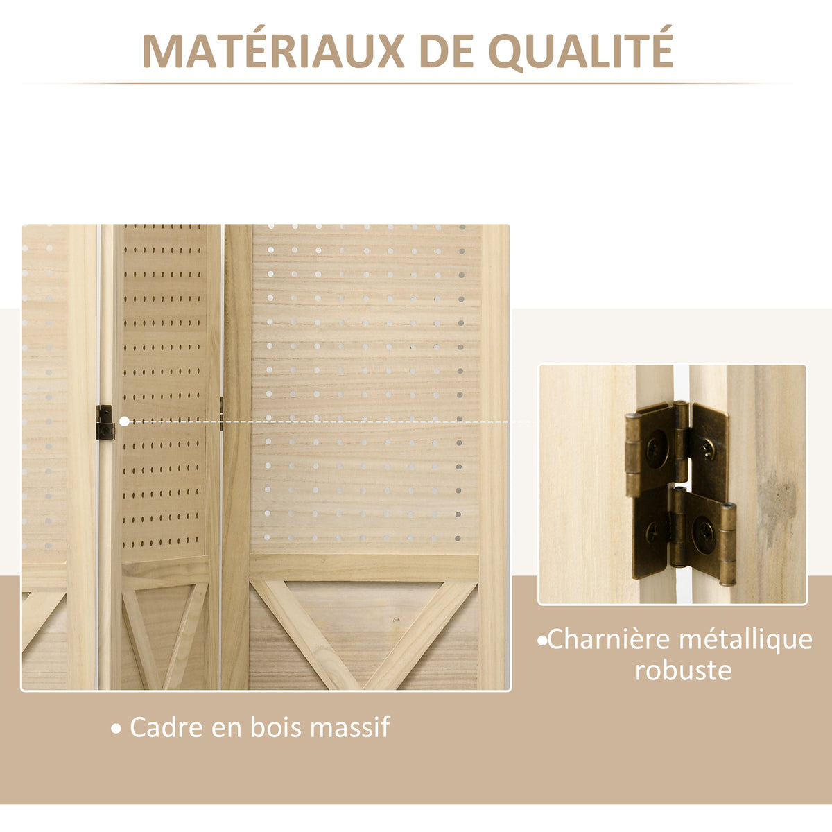 Paravent intérieur en bois 4 panneaux séparateur de pièce pliable panneau perforé 152 x 1,7 x 144,5 cm bois naturel-4