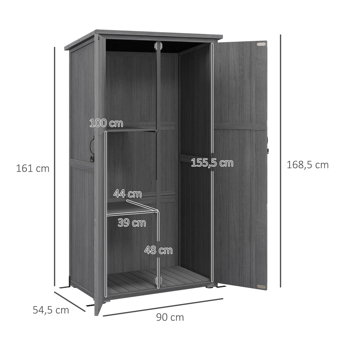 Armoire de jardin, abri jardin sur pied, avec 2 étagères, toit incliné et bitumé, en bois massif, 90x54,5x168,5cm, gris-2