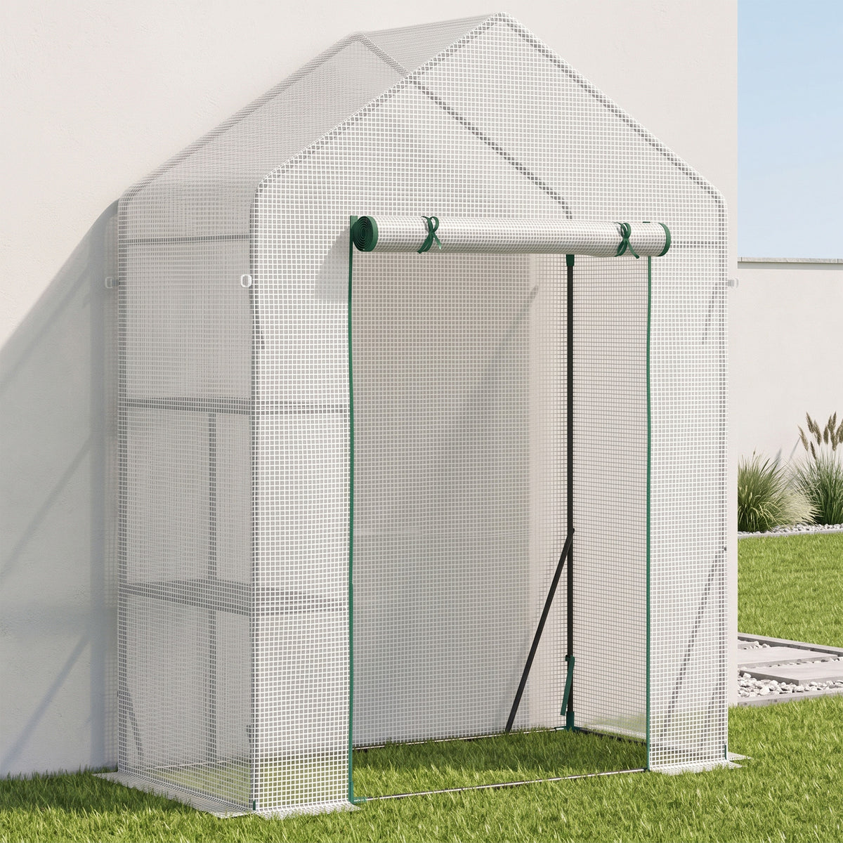 Serre de Jardin PE avec Étagères 2 Niveaux, Bâche Renforcée 140 g/m², Porte Zippée Enroulable, 143x73x195cm, Blanc-1