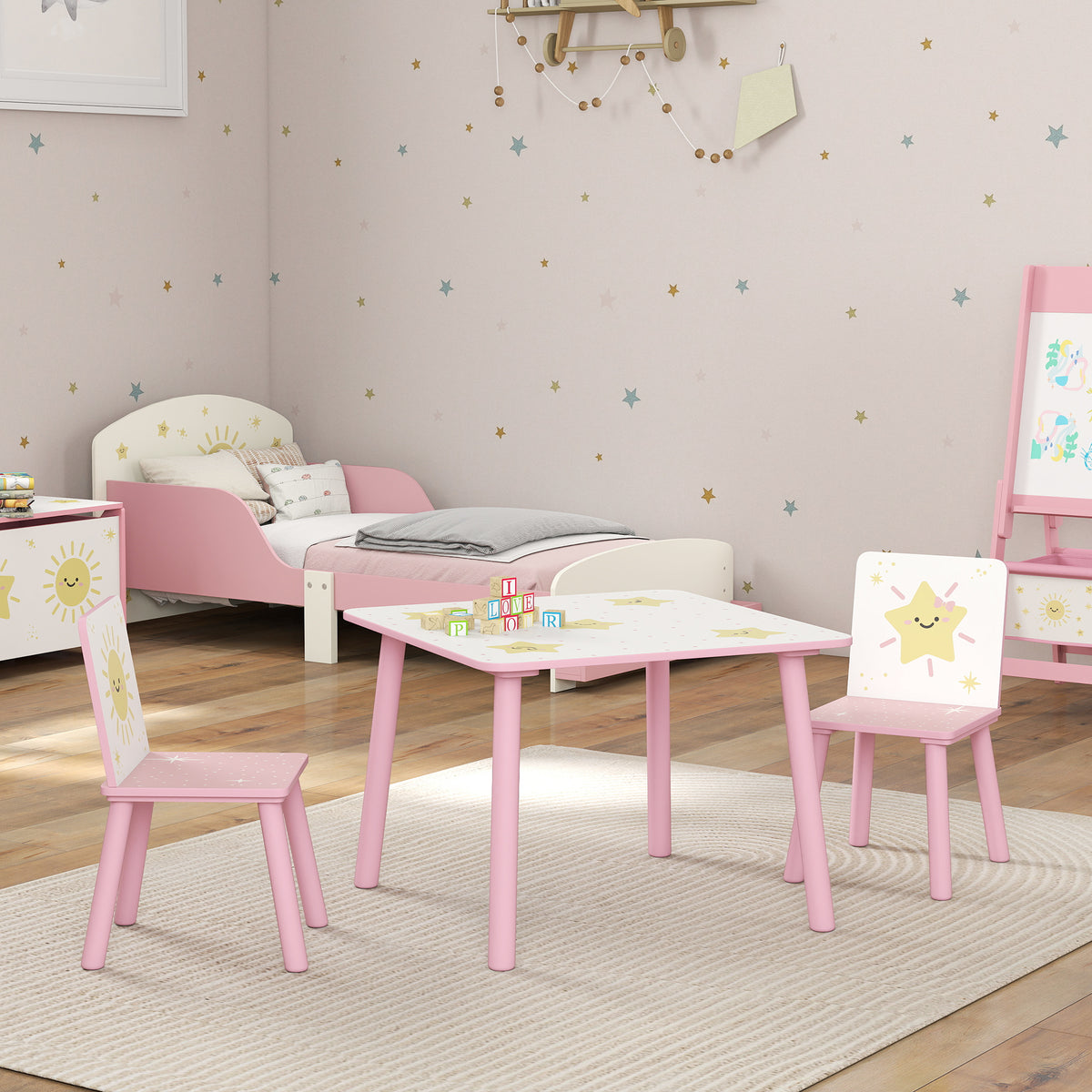 Table enfant avec chaise, ensemble table et 2 chaises enfant en bois, motifs d'étoile, 60 x 60 x 44 cm, rose-8