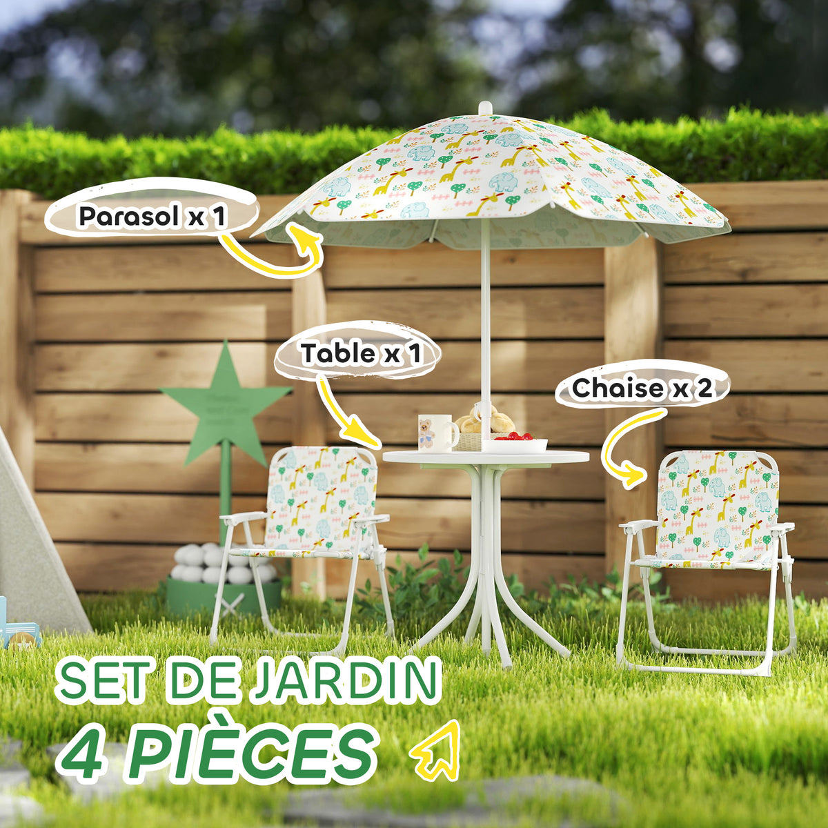 Ensemble salon de jardin extérieur enfant 4 pièces, motif éléphant et girafe, parasol réglable Ø 100 cm, chaise pliable-3
