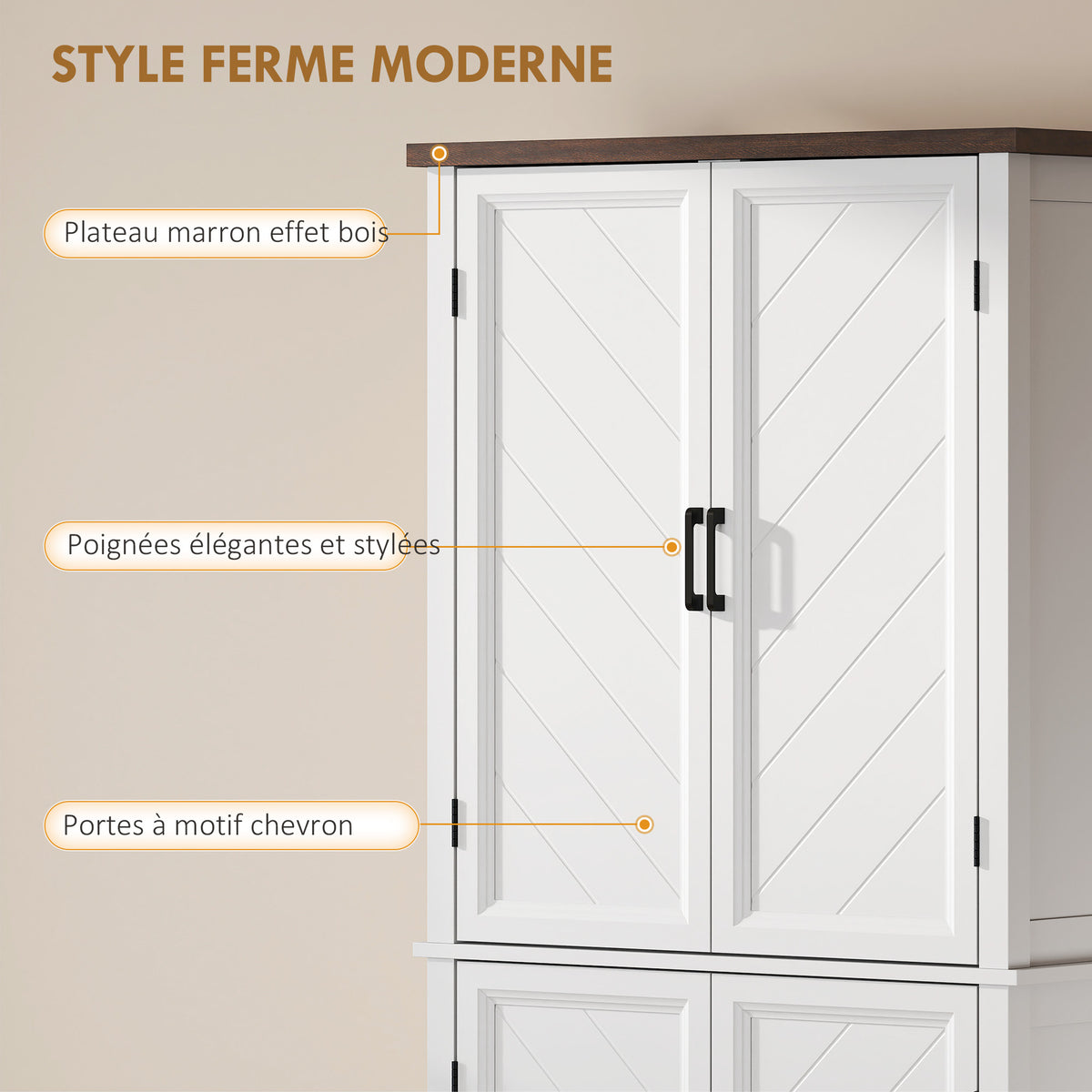 Buffet haut cuisine 6 niveaux, armoire de cuisine, 4 portes à chevrons et 4 étagères réglables, 76x40x178,5cm, blanc-5