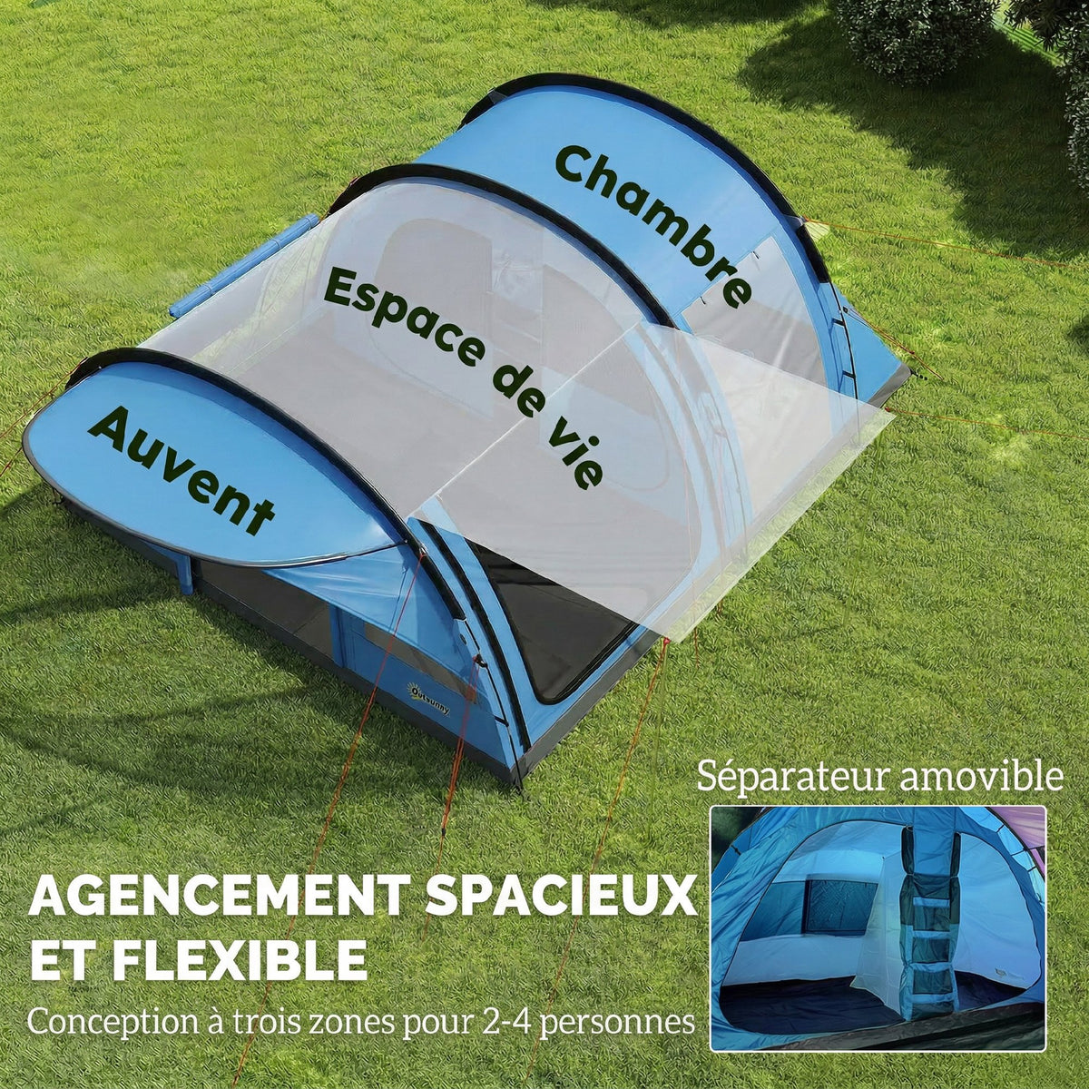 Grande Tente Tunnel Camping 4 Personnes 3-4 Saisons Hauteur d'Homme 2 m Séjour XL 3,7 m Imperméable 3000mm Bleu-3