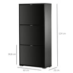 Meuble à Chaussures Armoire à chaussures 3 Portes abattantes 3 Compartiments en bois 60L x 26I x 124H cm Noir-2