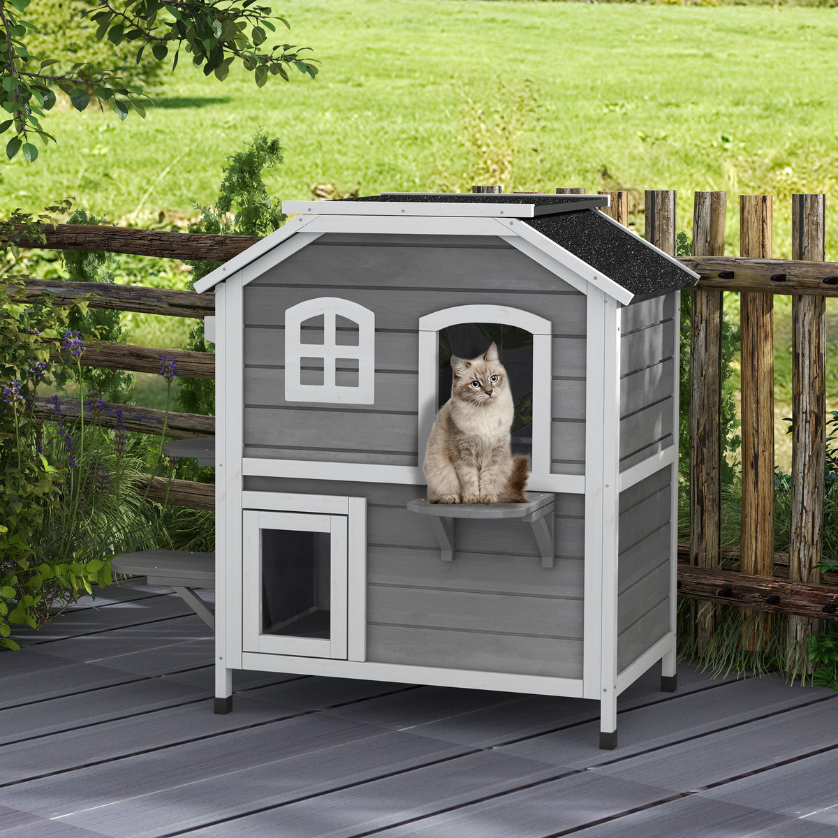 Maison Extérieur pour Chat Abri Extérieur en Bois pour Chats Errants 2 Étages Toit Ouvrant Bitumé 99,5x76x91cm Gris-9
