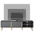 Meuble TV pour télévision jusqu'à 55 pouces scandinave 2 portes 2 niches avec passe-câbles 150 x 35 x 45 cm gris foncé-6
