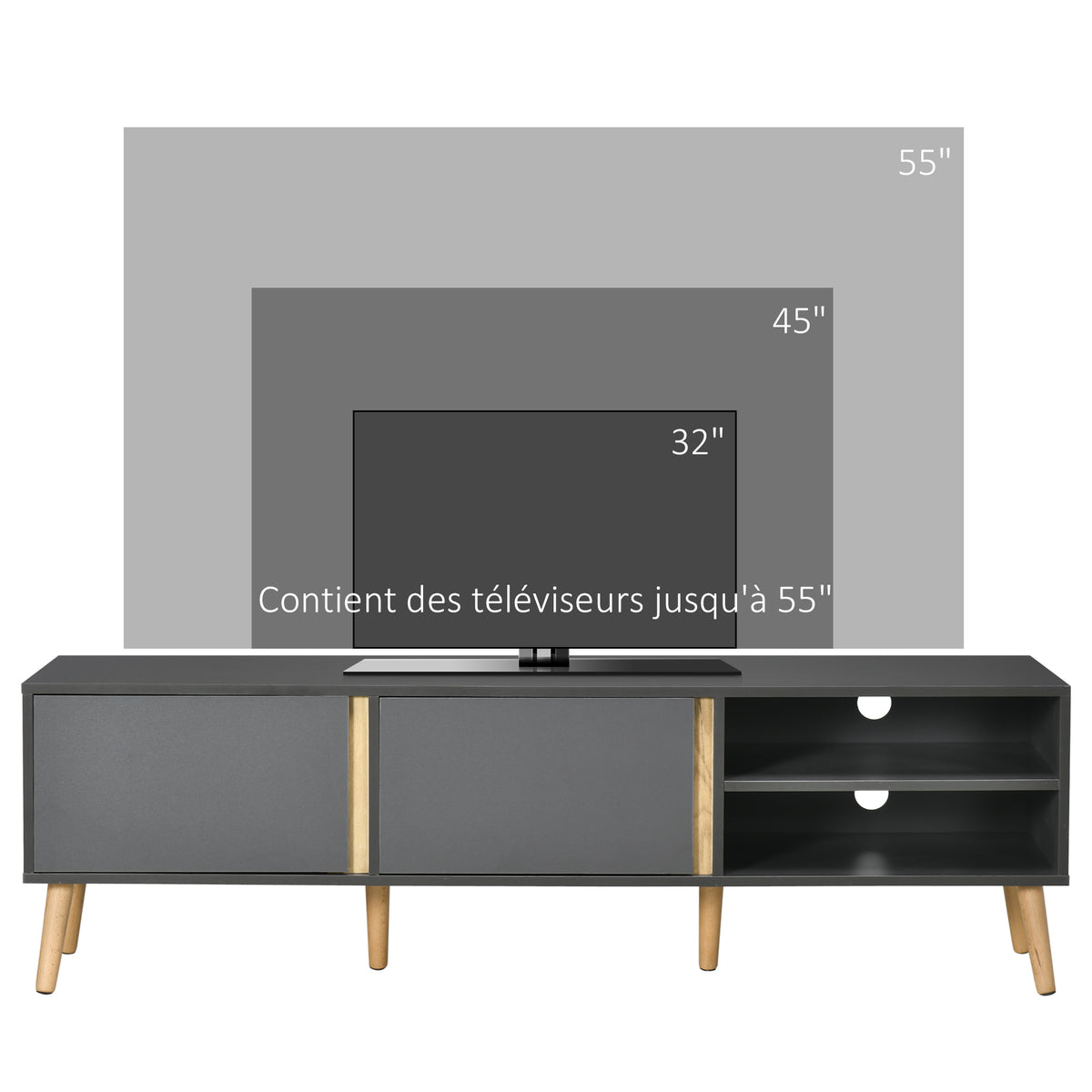 Meuble TV pour télévision jusqu'à 55 pouces scandinave 2 portes 2 niches avec passe-câbles 150 x 35 x 45 cm gris foncé-6