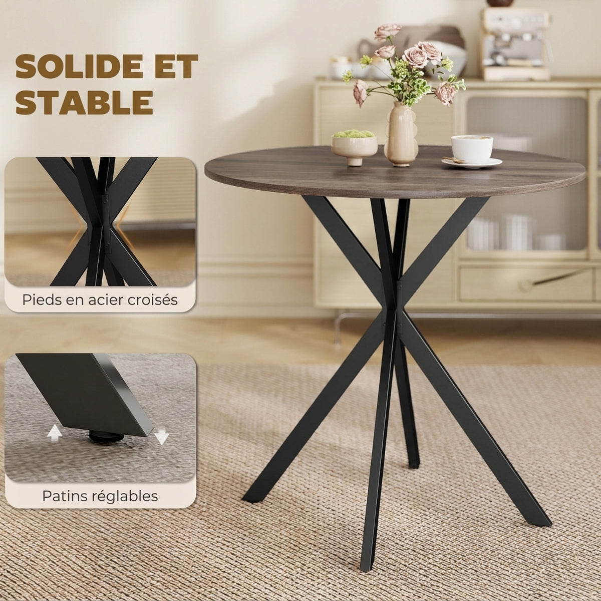 Table à Manger Ronde pour 2 Personnes avec Plateau Aspect Bois et Piètement Croisé en Acier, Marron-5