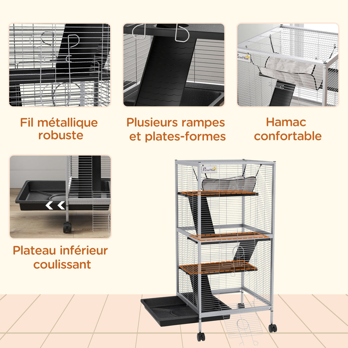 Cage pour Petits Animaux Portable à 4 Niveaux avec Roulettes, 2 Portes, 3 Rampes, Hamac et Plateau Amovible-5