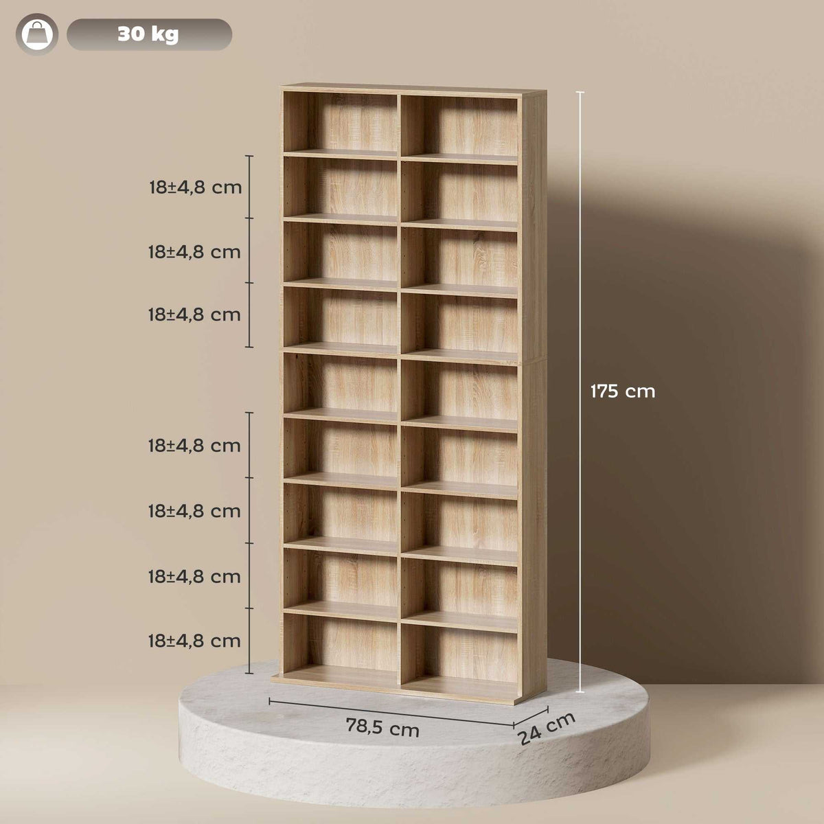 Rangements pour CD et DVD 18 compartiments capacité max. 640 CD/360 DVD 430 Blu-ray 78,5 x 24 x 175 cm bois naturel-2