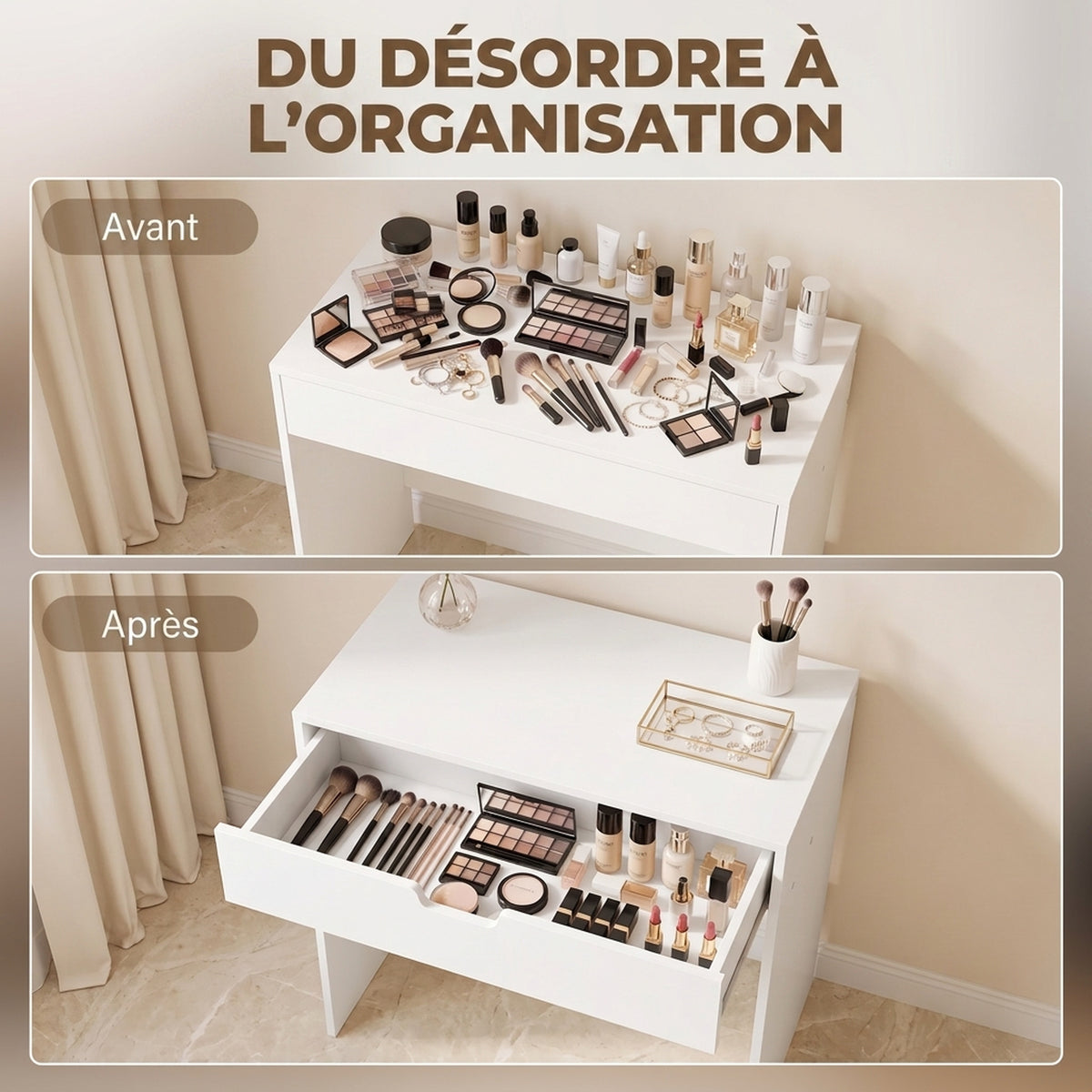 Coiffeuse avec tiroir, table de maquillage moderne moderne, pour chambre à coucher, 75 x 40 x 75 cm, blanc-4