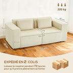 Canapé 3 places en velours côtelé, canapé rembourré, larges accoudoirs, 2 coussins, pas de montage, 202x90x76cm, beige-2