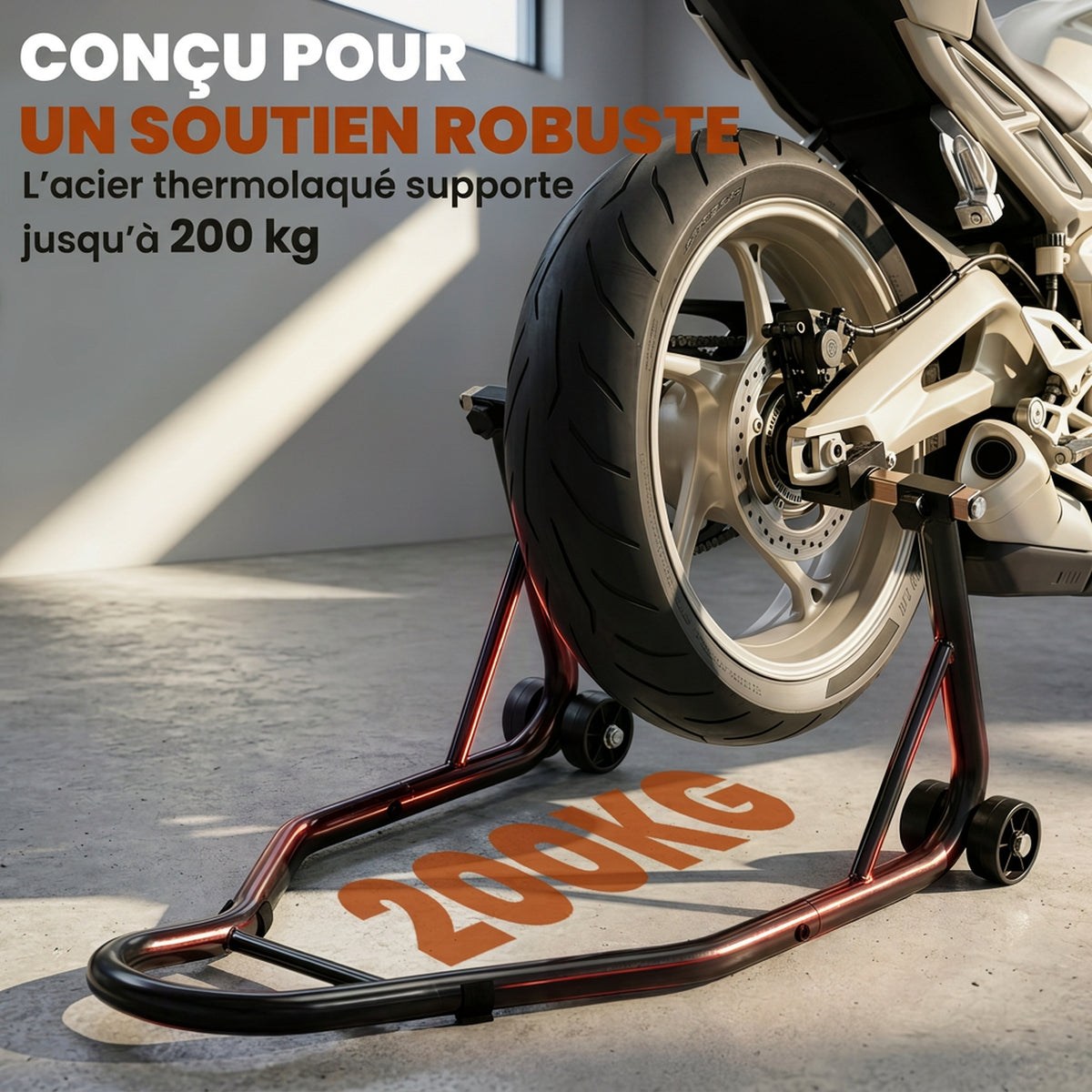 Support béquille de moto arrière support de roue lève moto arrière sur roulettes avec bobine de bras oscillant U, noir-4
