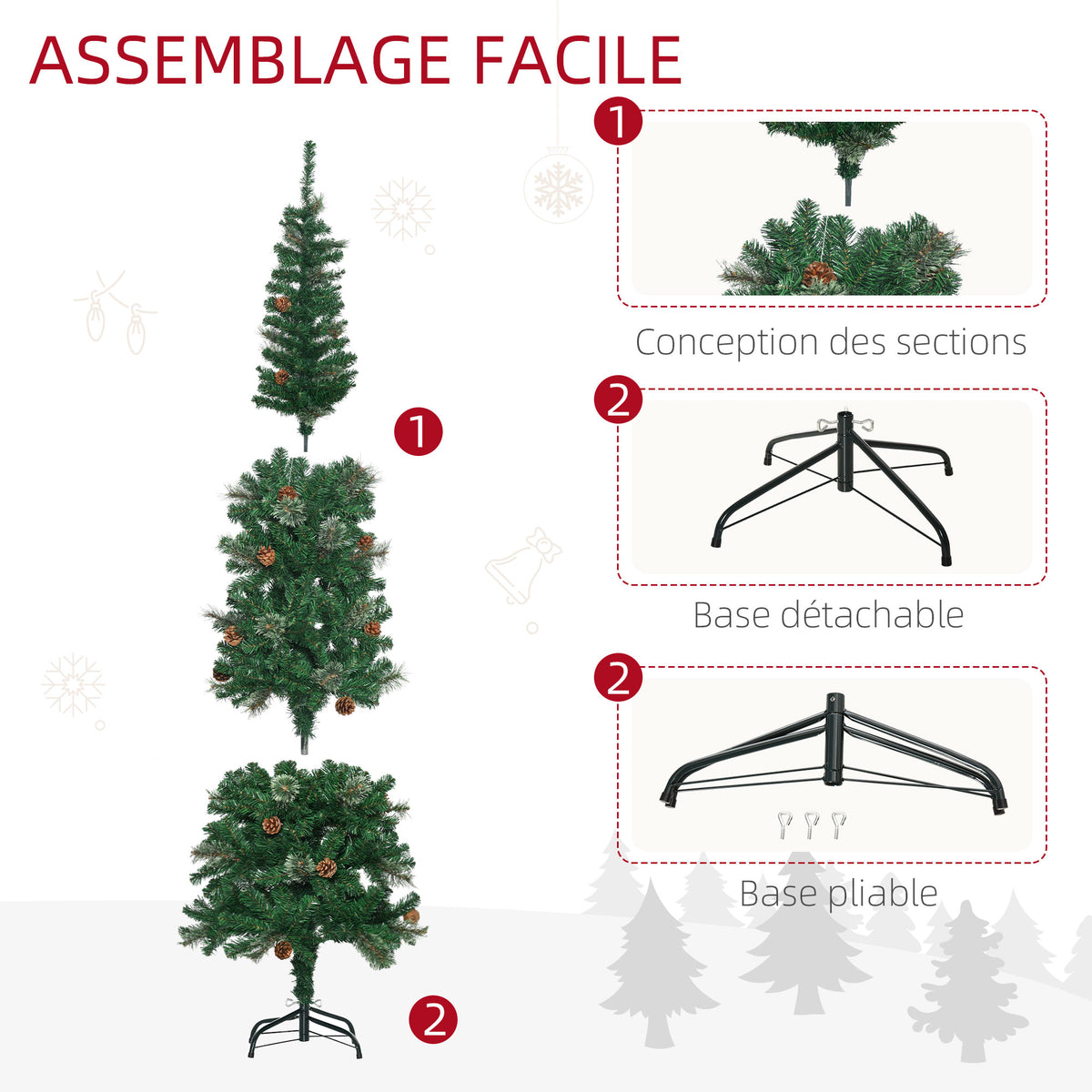 Sapin arbre de Noël artificiel 195 cm 556 branches avec 27 pommes de pin+ support pied pliable vert-7