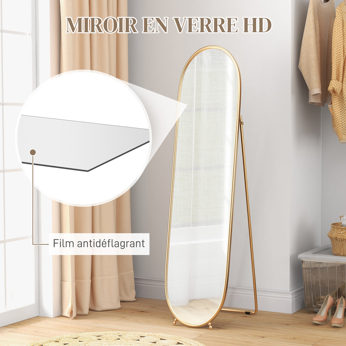 Grand miroir sur pied, miroir ovale, cadre en métal doré, avec support pour entrée, chambre, dressing, 40 x 160 cm-4