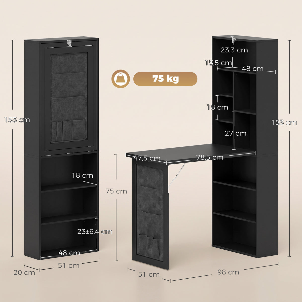Bureau Informatique Pliable avec Pochette Suspendue, Compartiments Ouverts et Étagère Réglable, Noir-2