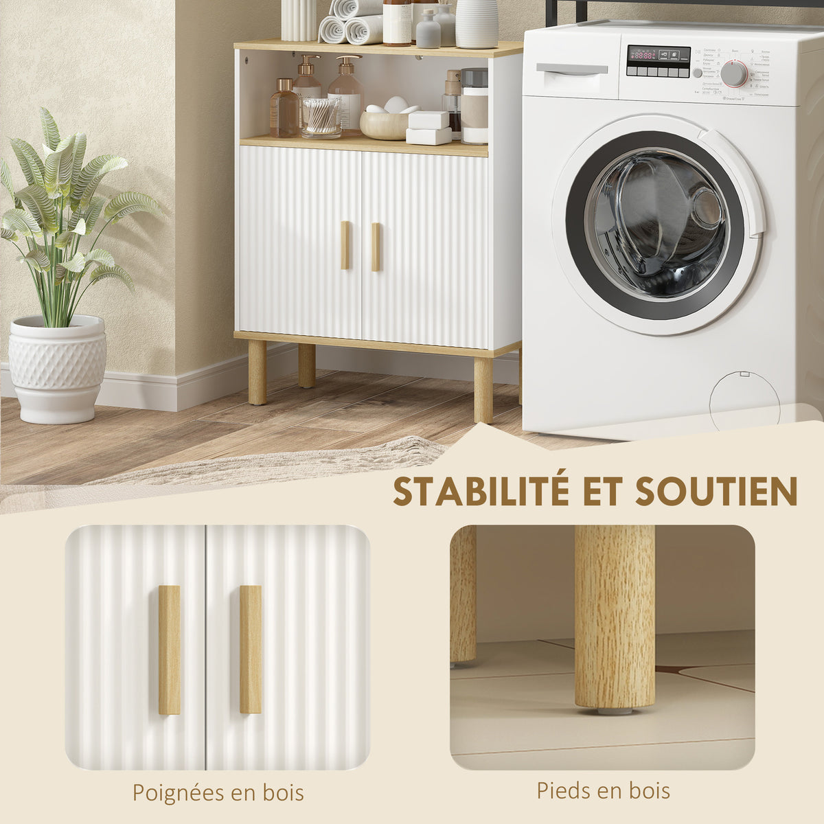 Meuble de salle de bain, meuble de rangement avec 2 portes, compartiment ouvert, étagère réglable, 60x29,5x76,5cm, blanc-5