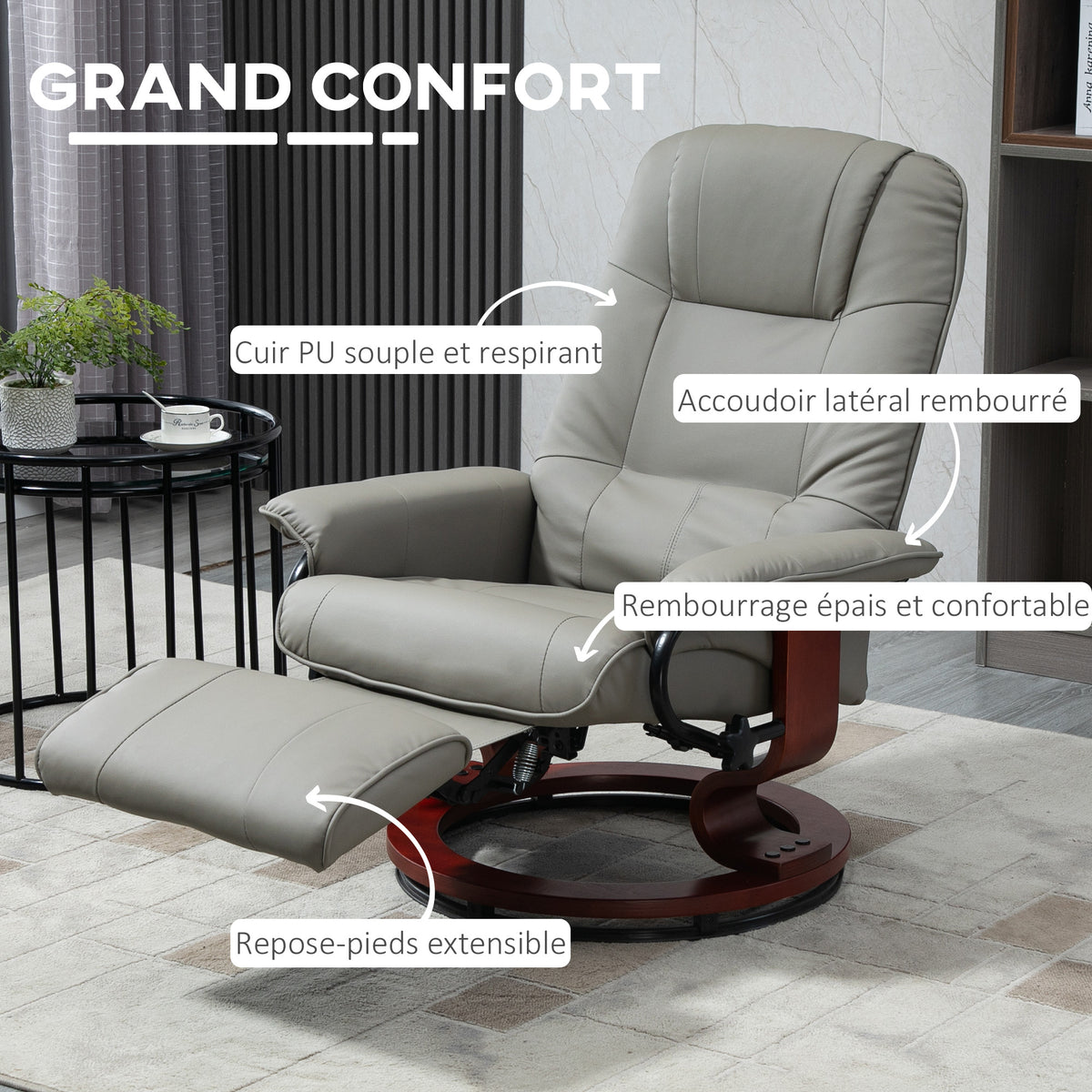 Fauteuil relax inclinable repose-pieds réglable pivotant 360° piètement bois revêtement PU respirant et doux gris-5