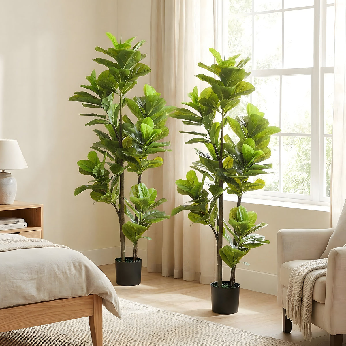 Lot de 2 plantes artificielles intérieures 150 cm, fausse plante à figuier lyre avec pot en ciment, vert-7