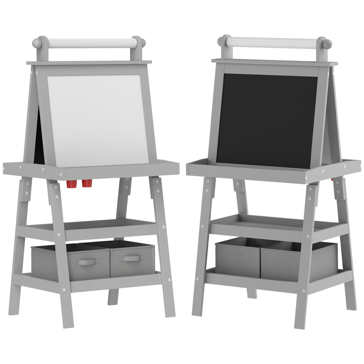 Tableau chevalet enfant 3 en 1 avec tableau blanc magnétique, tableau à craie, rouleau papier, 2 paniers, 3-6 ans, gris-0