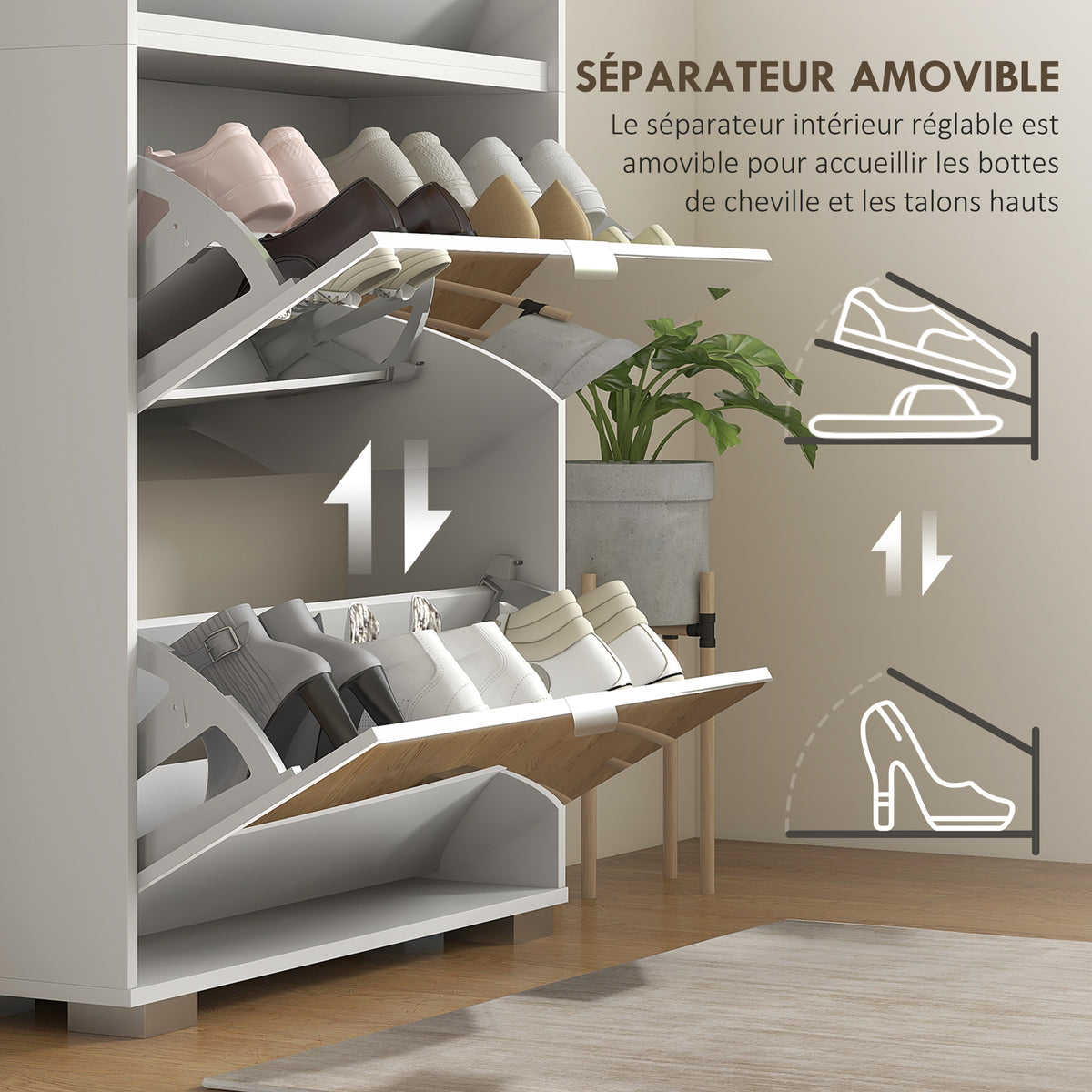 Meuble à chaussures 2 en 1 façades miroir 4 portes abattants, étagères réglables, jusqu'à 24 paires, 76l x 26P x 168H cm-6