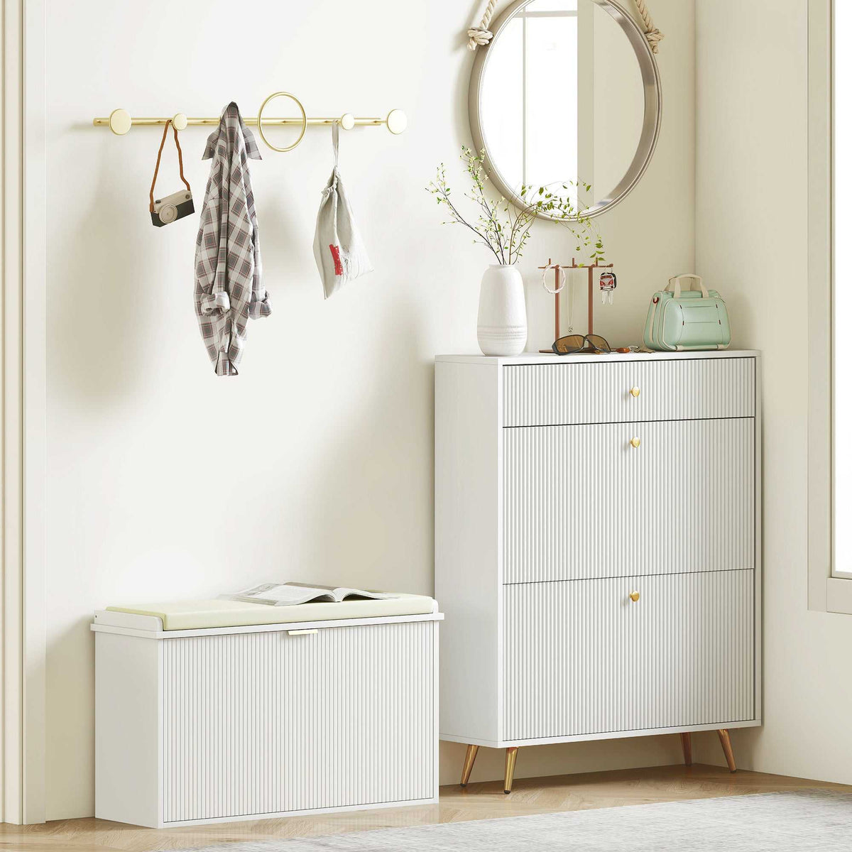 Banc à chaussures avec coussin d'assise rembourré et tiroir rabattable pour couloir, chambre, 80 x 26 x 47,5 cm, blanc-7