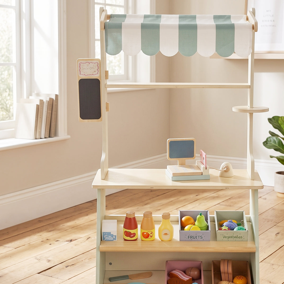 Supermarché pour enfant 34 pcs, marchande en bois, tableau noir, caisse enregistreuse et accessoires, 52x30x92,5cm, vert-9