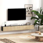 Meuble TV suspendu 140cm, meuble télé pour téléviseur 72 pouces, 2 portes rabattables, 140x25x22cm, bois naturel et noir-8
