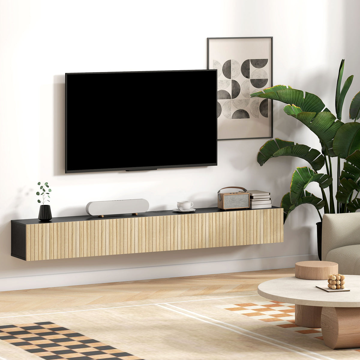 Meuble TV suspendu 140cm, meuble télé pour téléviseur 72 pouces, 2 portes rabattables, 140x25x22cm, bois naturel et noir-8