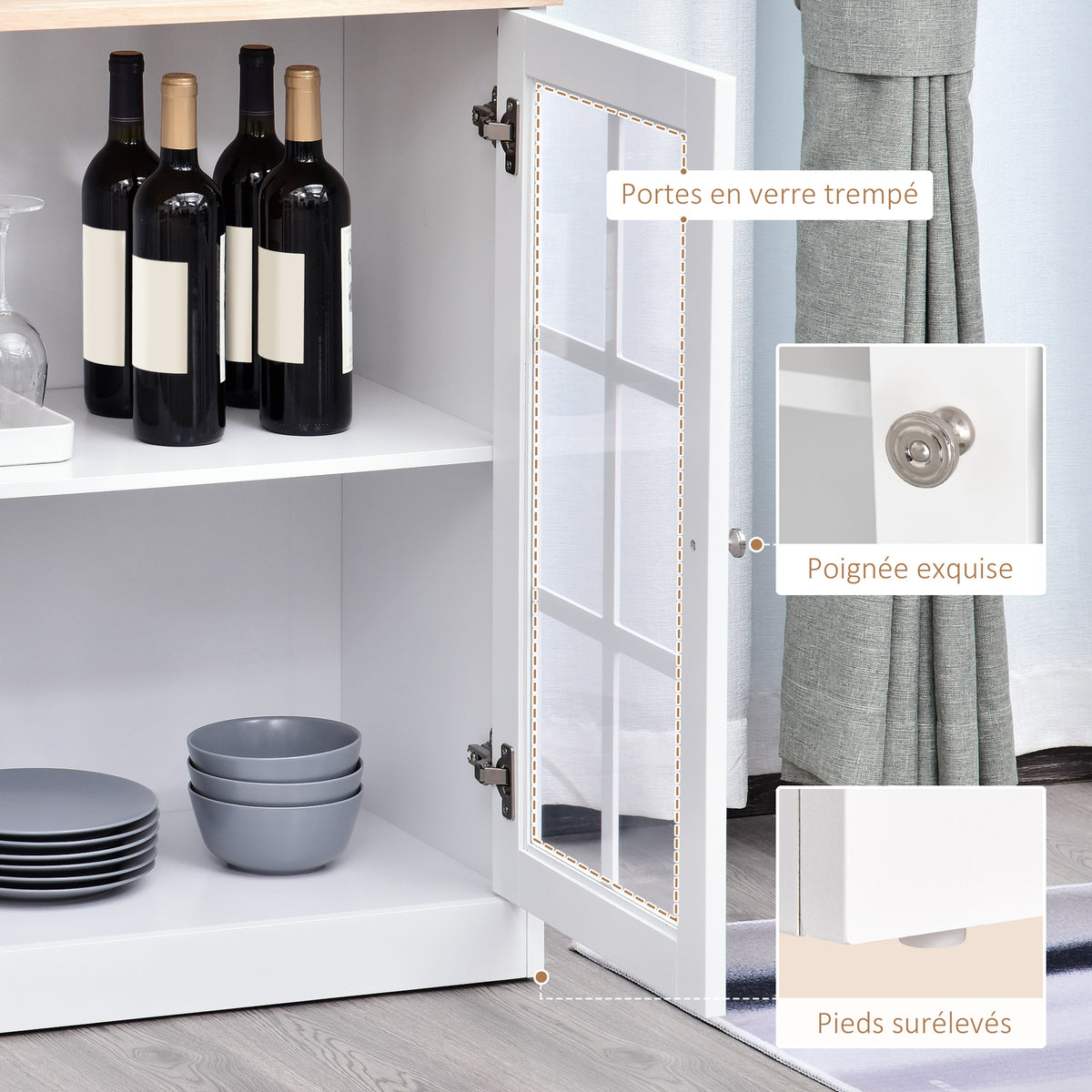 Buffet cuisine, meuble cuisine rangement haut, meuble de rangement avec plan de travail, 3 portes vitrées, 2-4