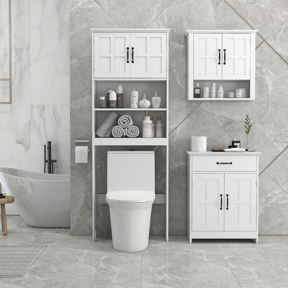 Meuble WC dessus de toilette armoire de rangement de salle de bain avec niches placard à double porte étagère réglable-1
