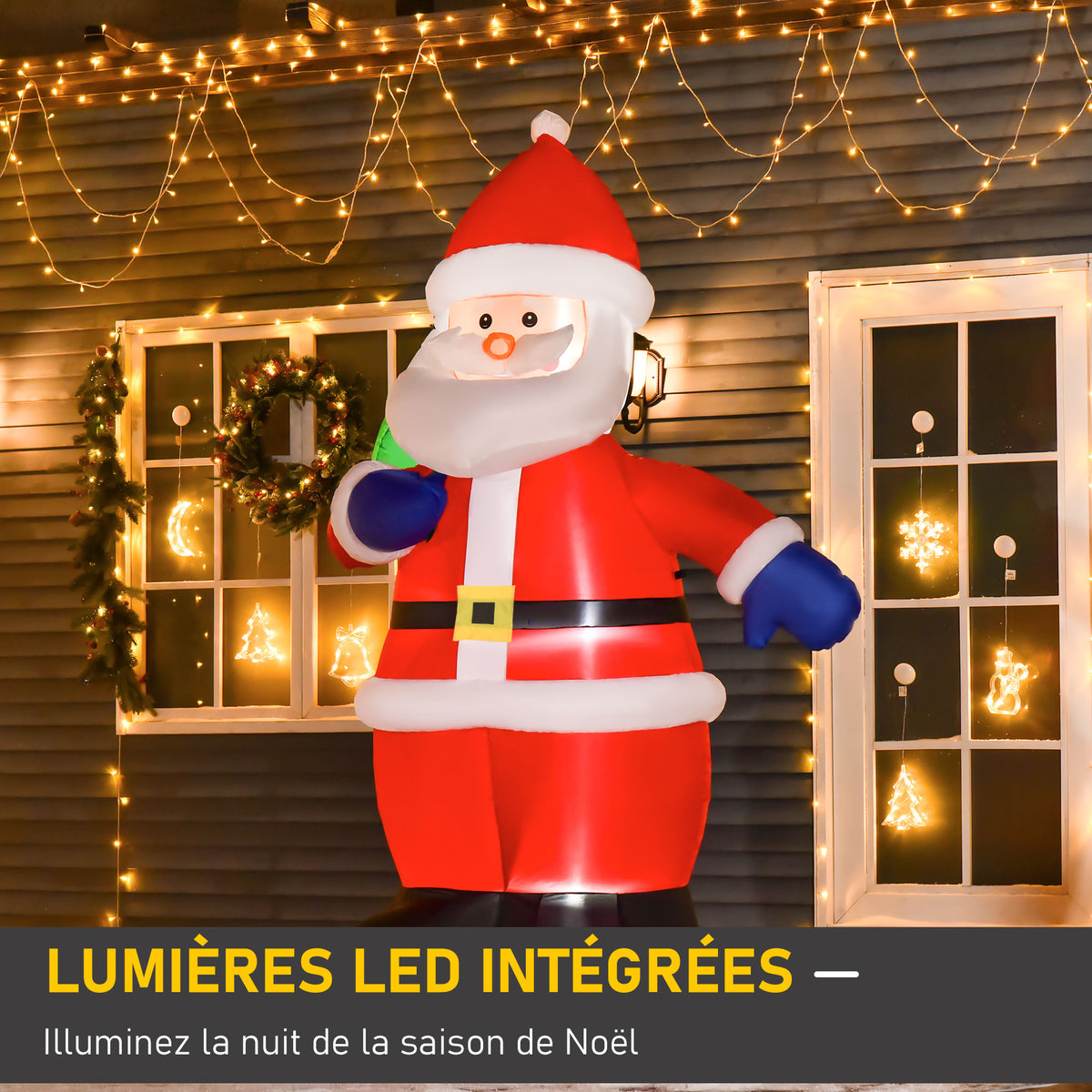Père Noël Gonflable LED 2,4H m avec hotte Polyester imperméable Rouge-3